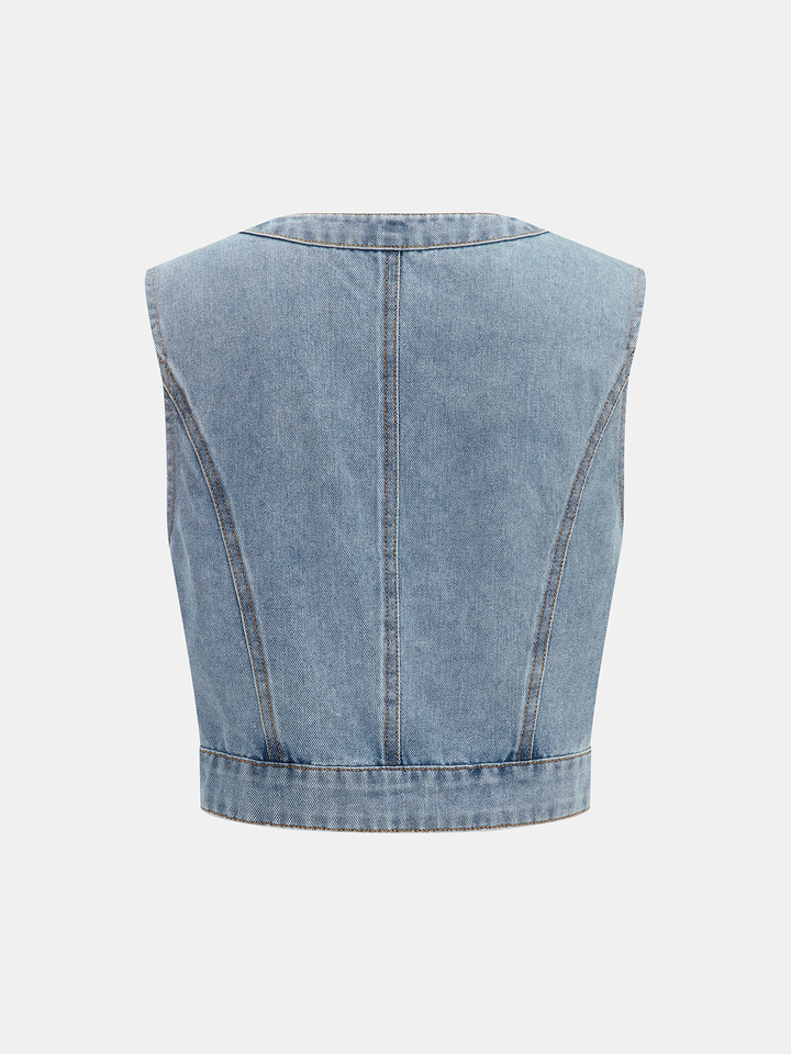 Denim Crop Vest & Pleated Midi Skirt Set