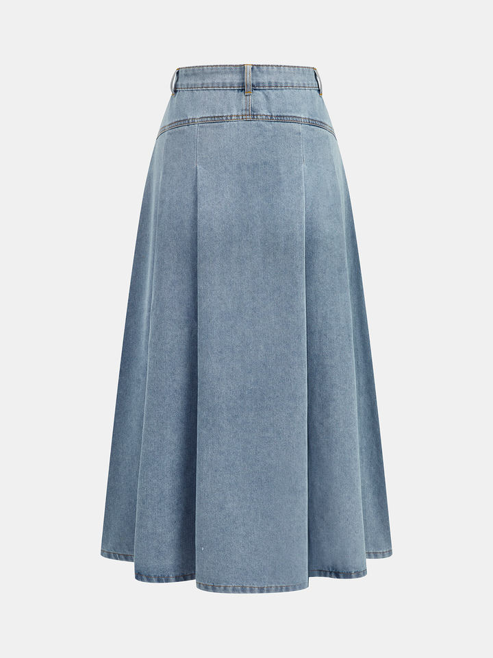 Denim Crop Vest & Pleated Midi Skirt Set