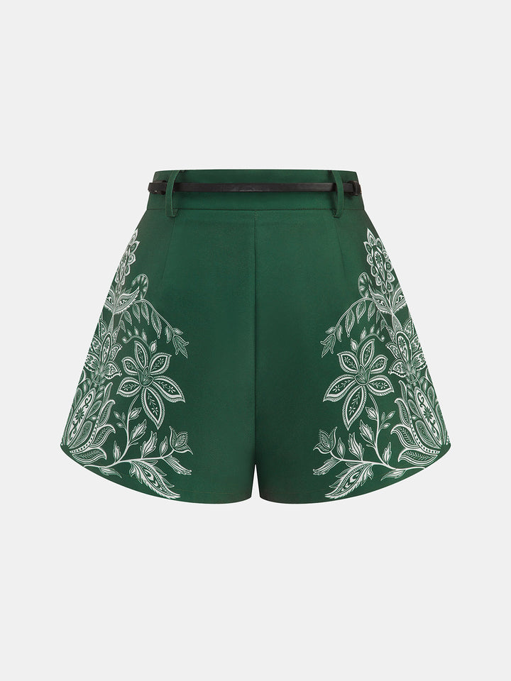 Paisley Print Pleated Belted Shorts