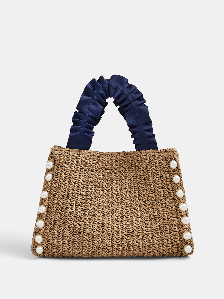 Pearl Decor Woven Straw Tote Bag
