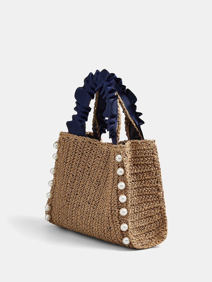 Pearl Decor Woven Straw Tote Bag