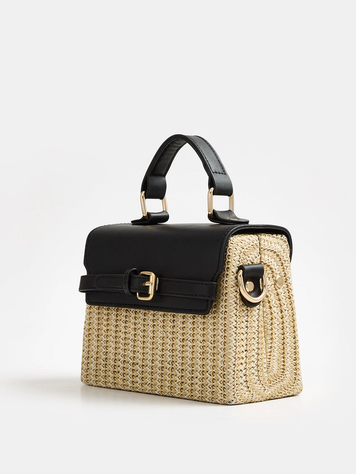 Buckle Detail Top Handle Straw Woven Handbag