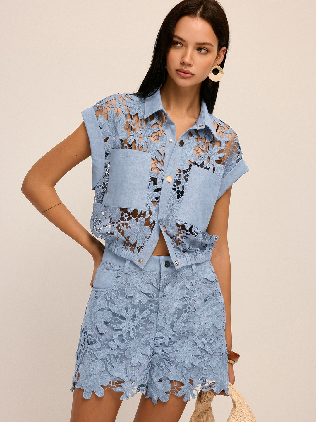 Guipure Lace Cropped Shirt & Shorts Set
