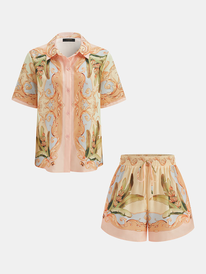 Leaf Print Linen Blend Shirt & Drawstring Shorts Set