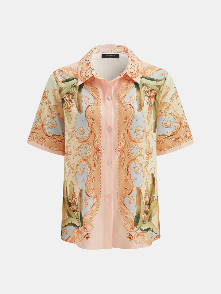 Leaf Print Linen Blend Shirt & Drawstring Shorts Set