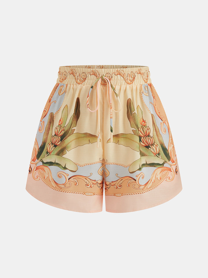 Leaf Print Linen Blend Shirt & Drawstring Shorts Set