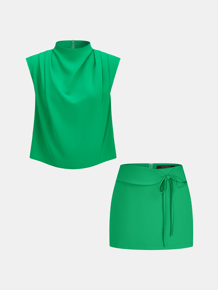 Draped Mock Neck Blouse & Tie-Waist Mini Skirt Set