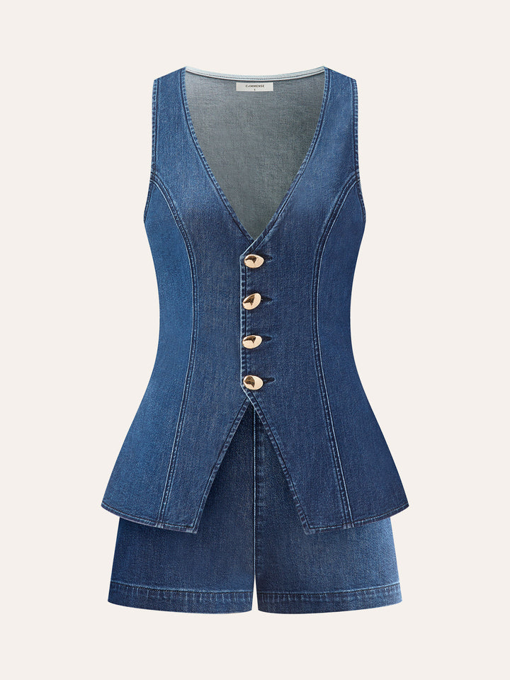 Metal Button Tie-Back Denim V-Neck Shorts Set