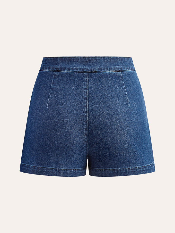 Metal Button Tie-Back Denim V-Neck Shorts Set