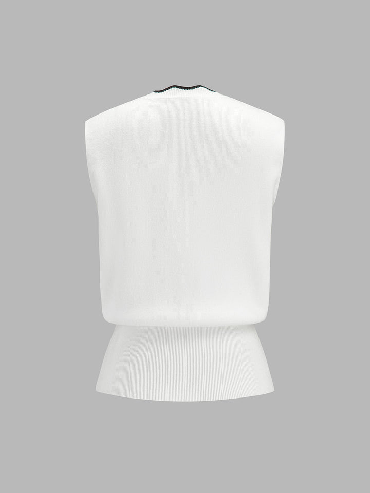 Frog Button Wave Trim Sleeveless Knit Vest