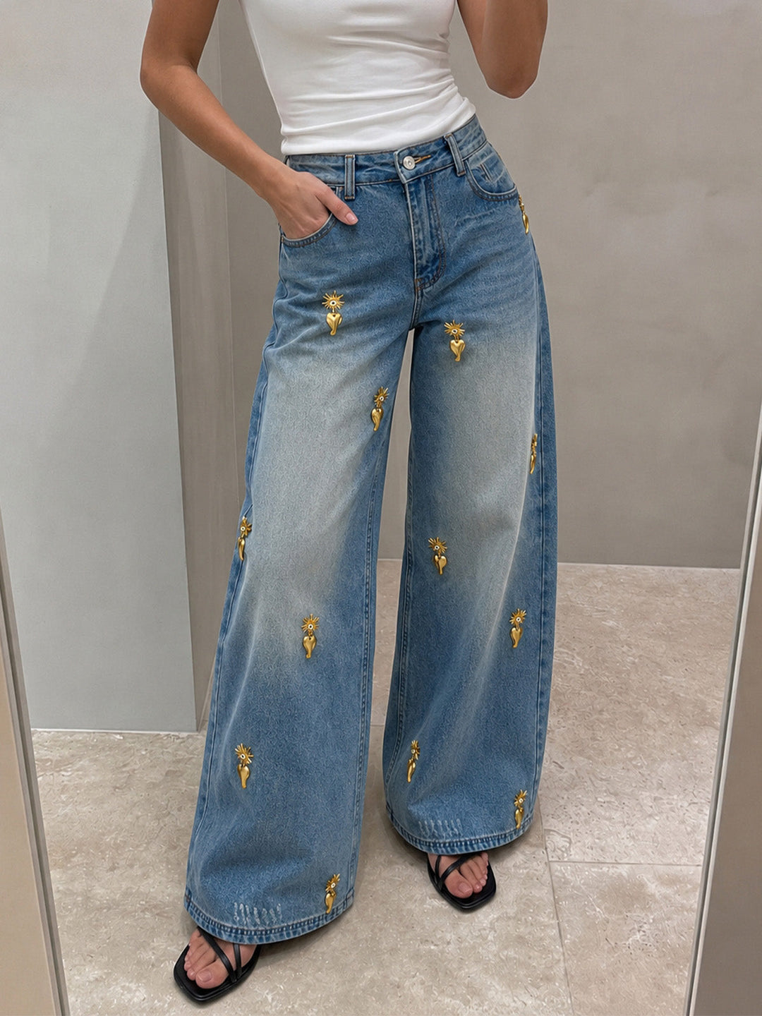 Heart Embellished Wide Leg Denim Pants