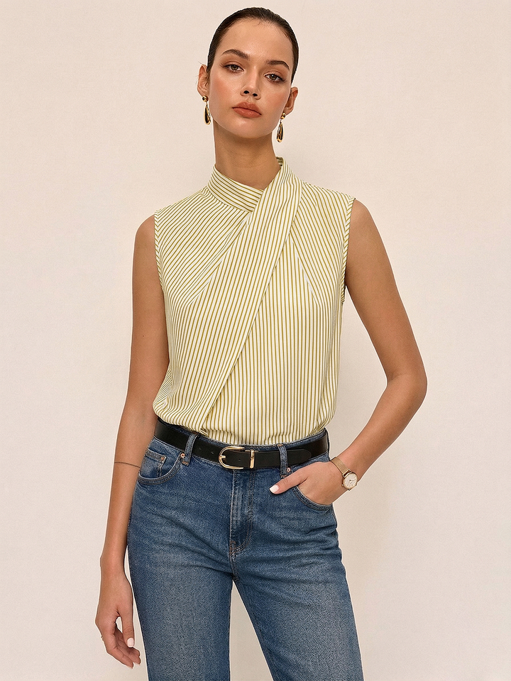 Sleeveless Striped High Neck Blouse