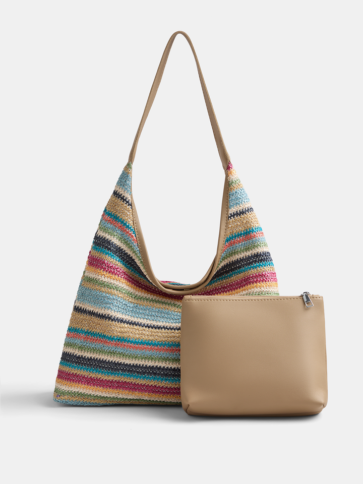 Striped Straw Shoulder Tote Bag