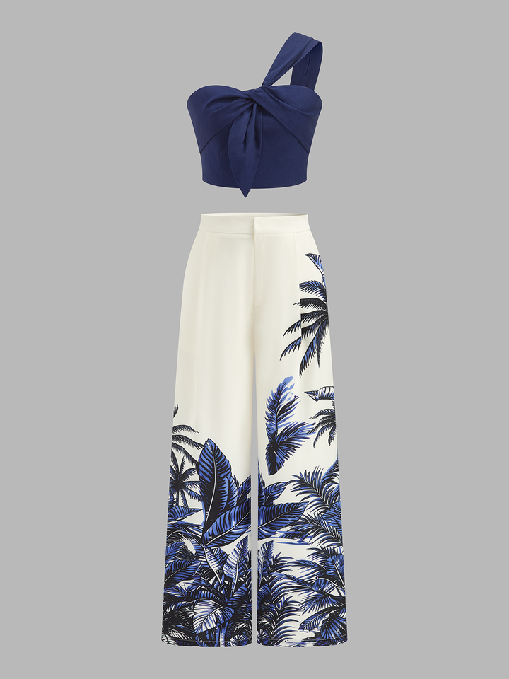 One-Shoulder Top & Tropical Print Pants Set