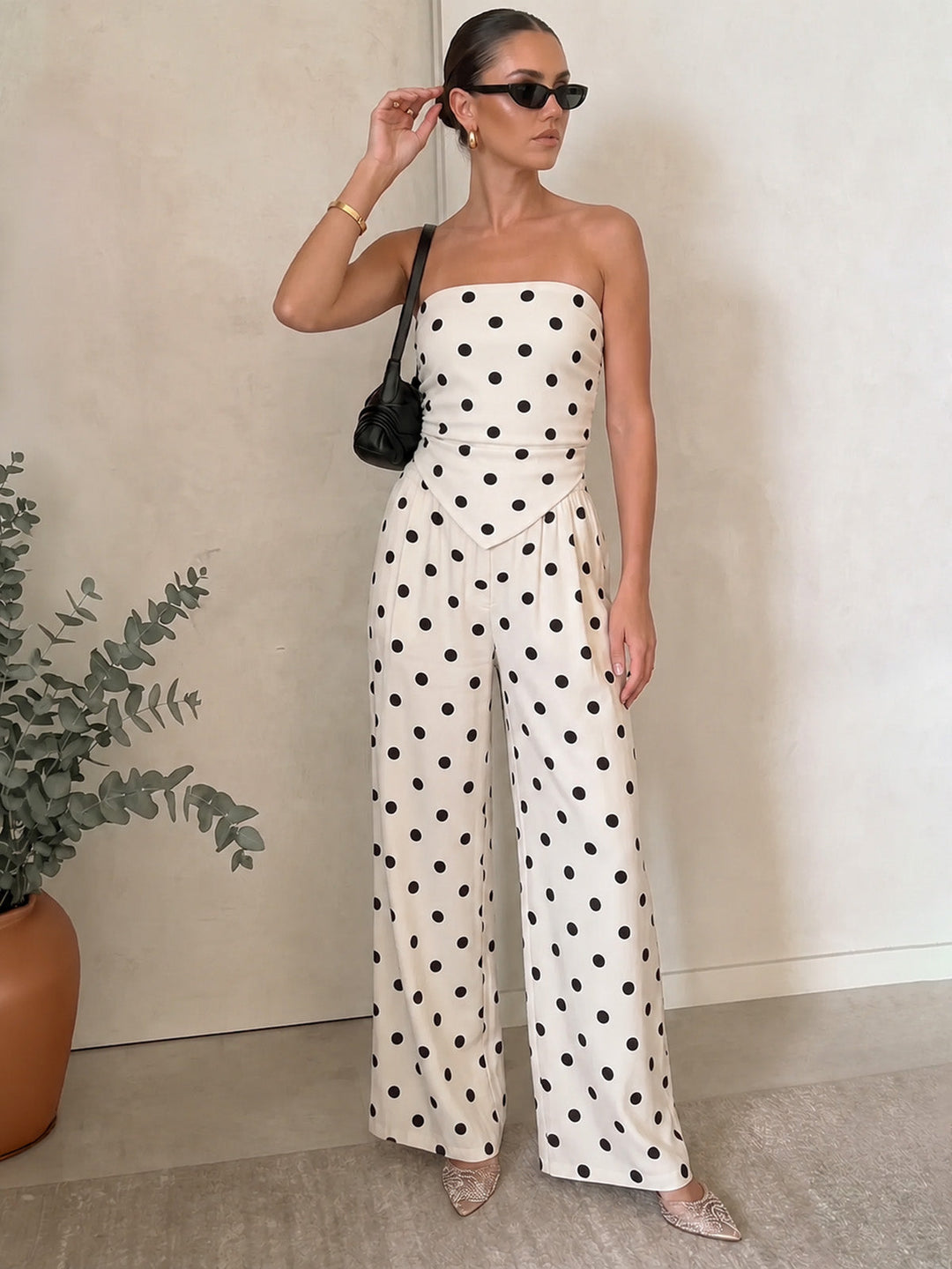 Striped Strapless Top & Wide Leg Pants Set