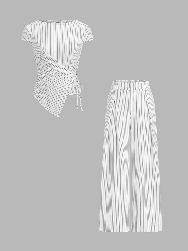Pinstripe Wrap Tie Top & Wide-Leg Pants Set