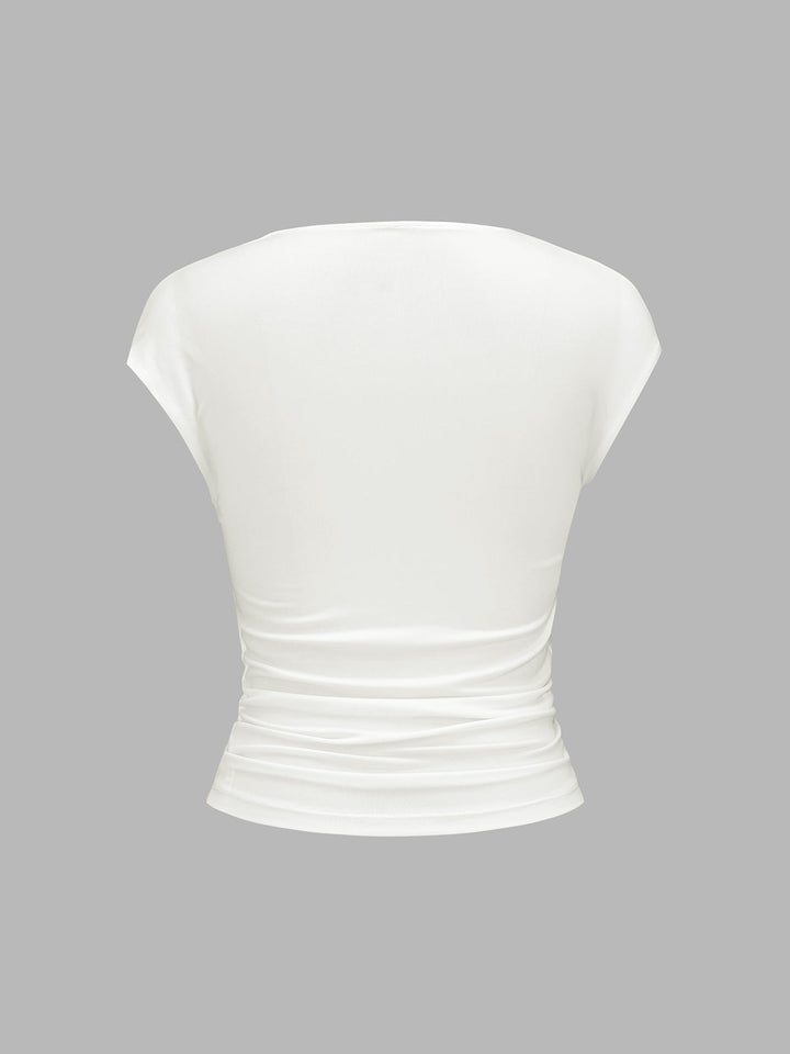 Metal Ring Asymmetric Ruched Cap Sleeve Top