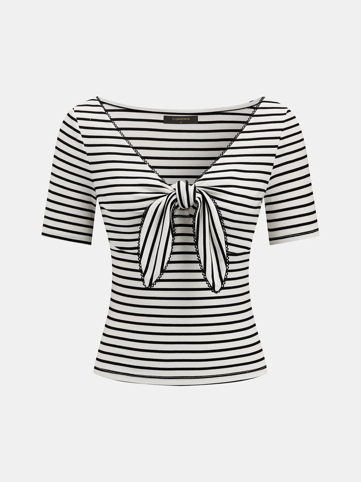 Striped Tie-Front V-Neck Slim Top