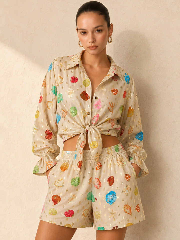 Seashell Print Golden Dot Two Piece Shorts Set