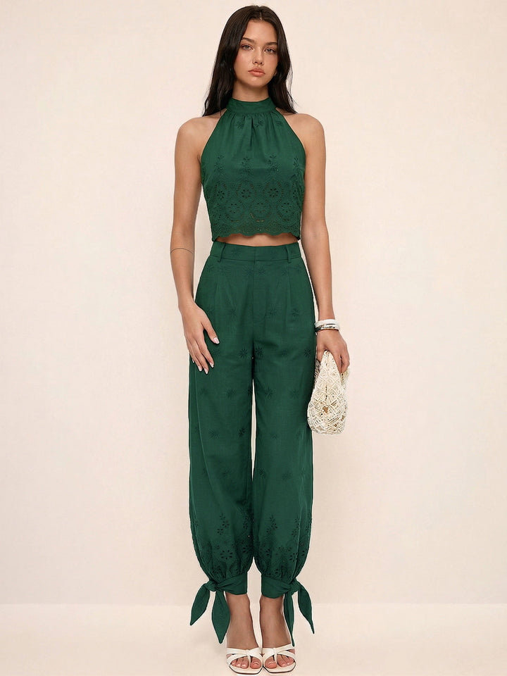 Eyelet Embroidery Top & Tie-Cuff Pants Set