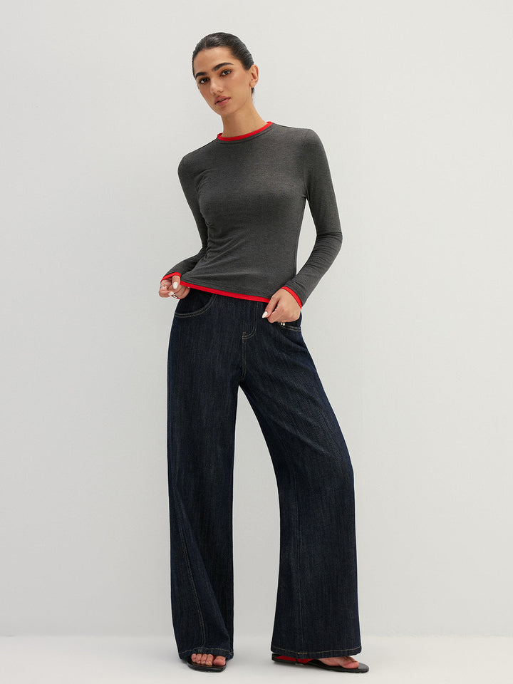 Contrast Trim Fake Two Piece Long Sleeve Top