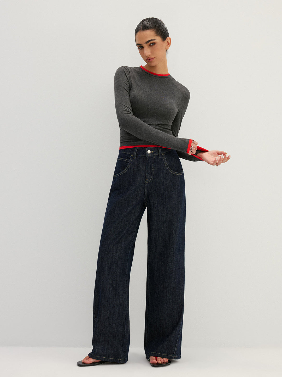 Contrast Trim Fake Two Piece Long Sleeve Top