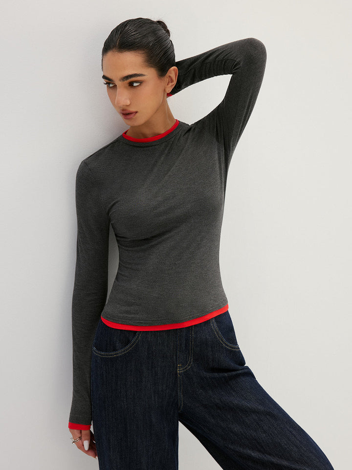 Contrast Trim Fake Two Piece Long Sleeve Top