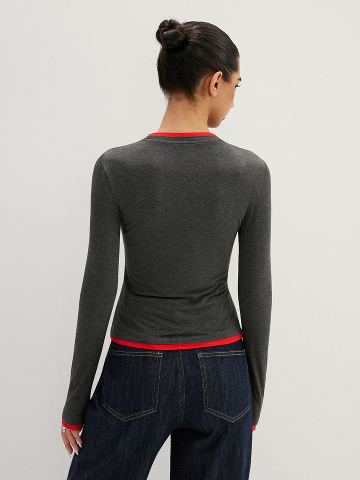 Contrast Trim Fake Two Piece Long Sleeve Top