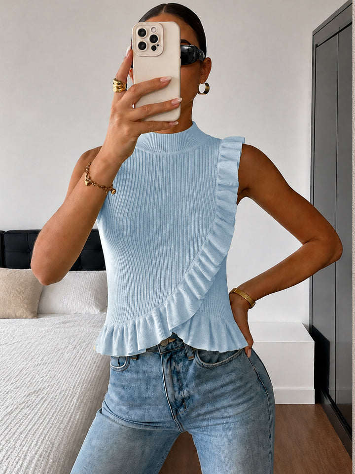 Ribbed High Neck Ruffle Sleeveless Top