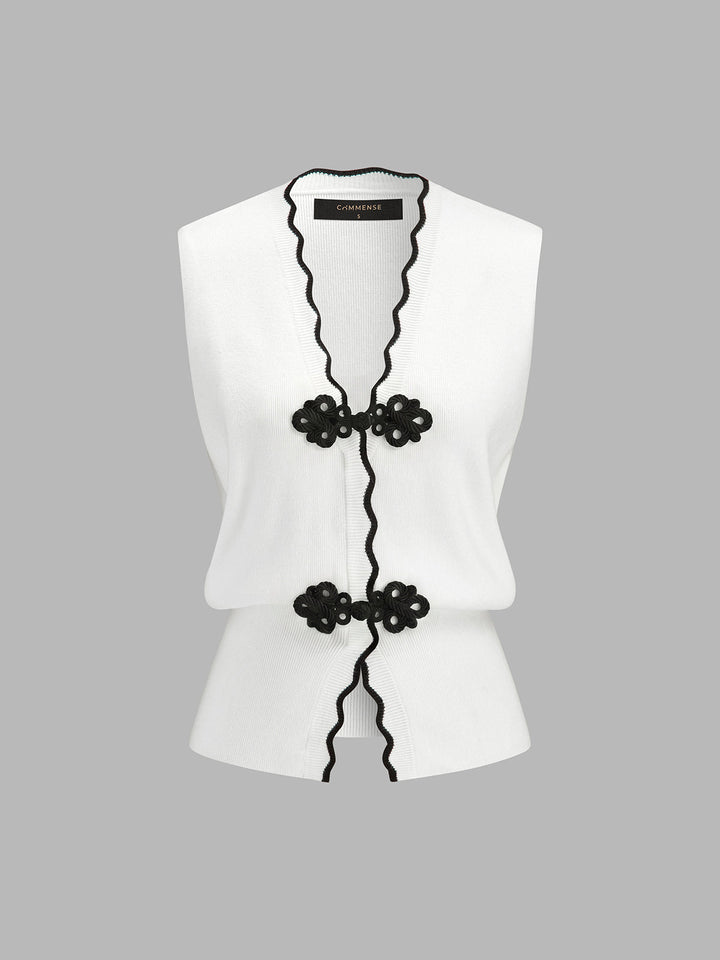 Frog Button Wave Trim Sleeveless Knit Vest
