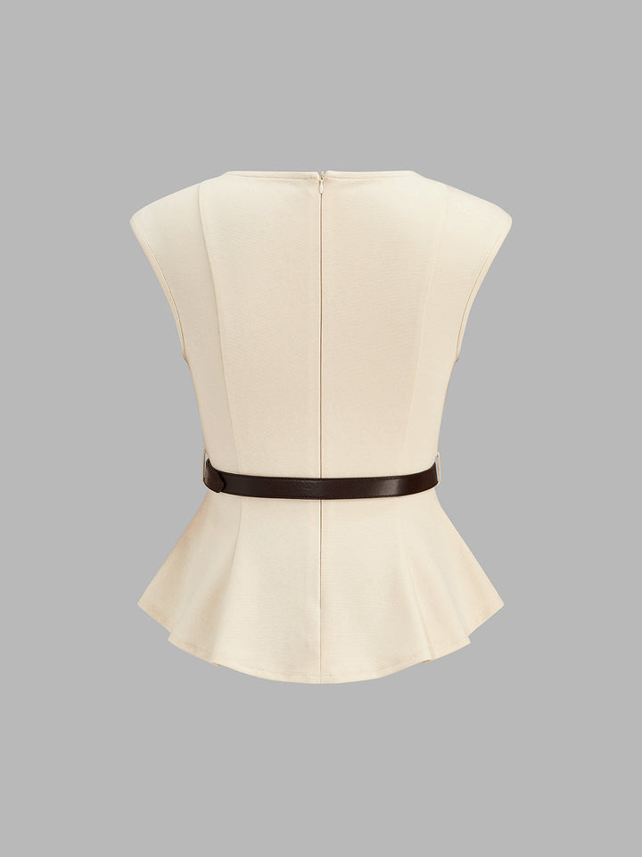 Belted Peplum Top & Satin Midi Skirt Set
