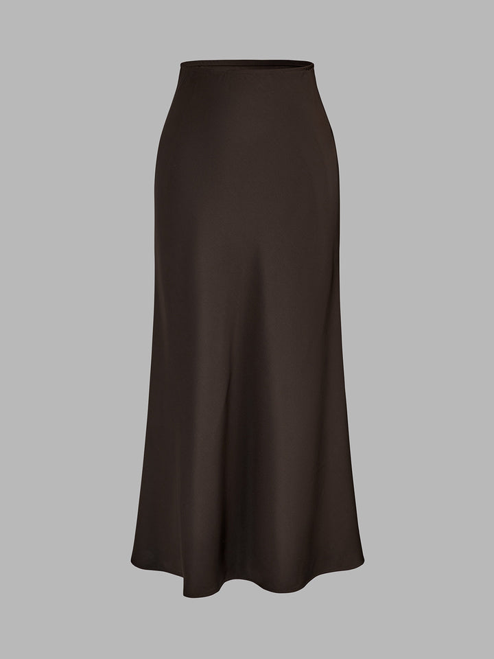 Belted Peplum Top & Satin Midi Skirt Set