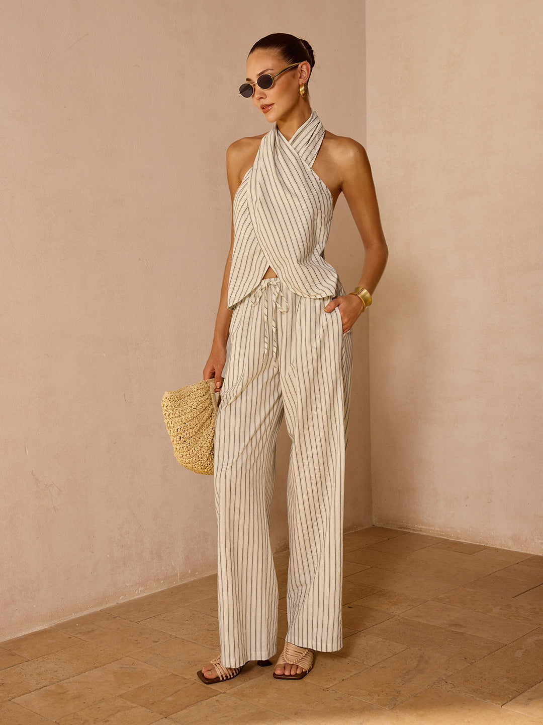 Striped Cotton Linen Halter Top & Pants Set