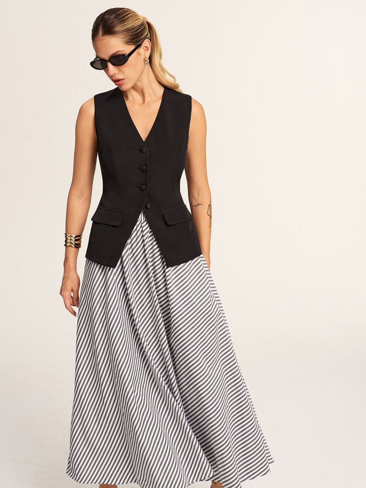 Tailored Vest & Striped Maxi Skirt Set