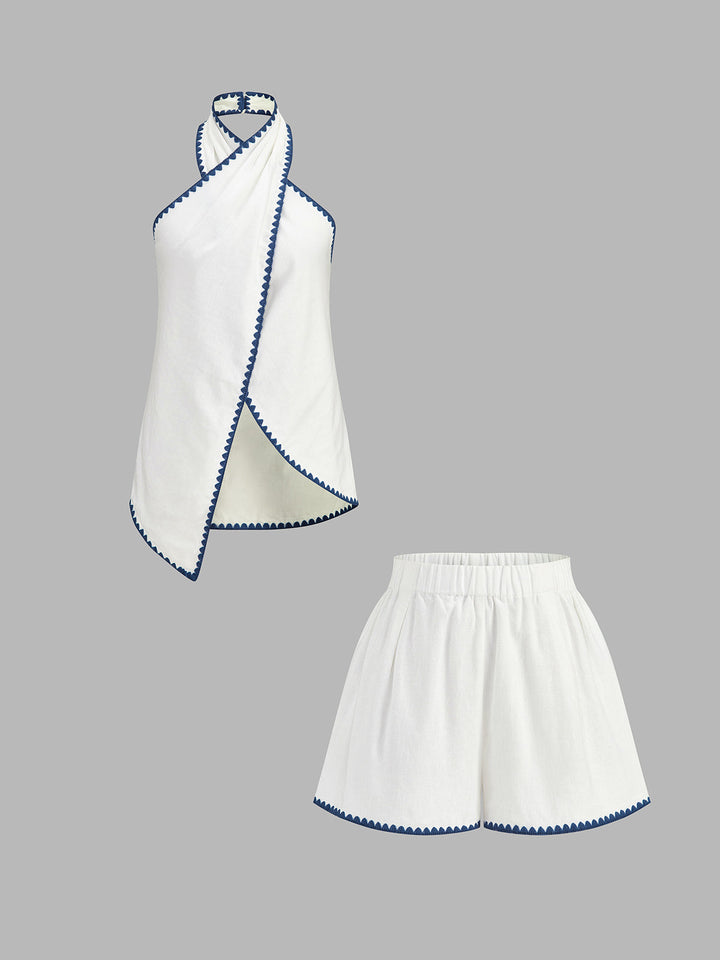 Scallop Trim Linen Blend Two Piece Shorts Set