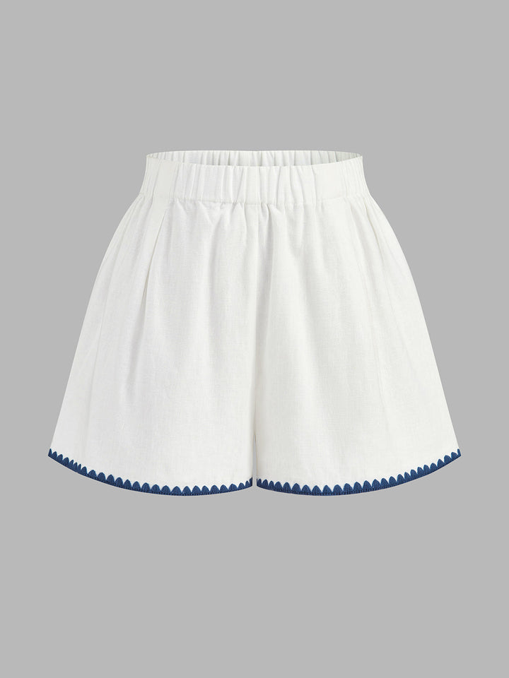 Scallop Trim Linen Blend Two Piece Shorts Set
