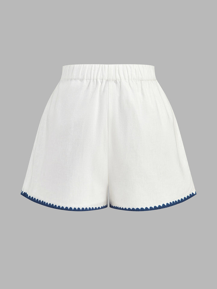 Scallop Trim Linen Blend Two Piece Shorts Set