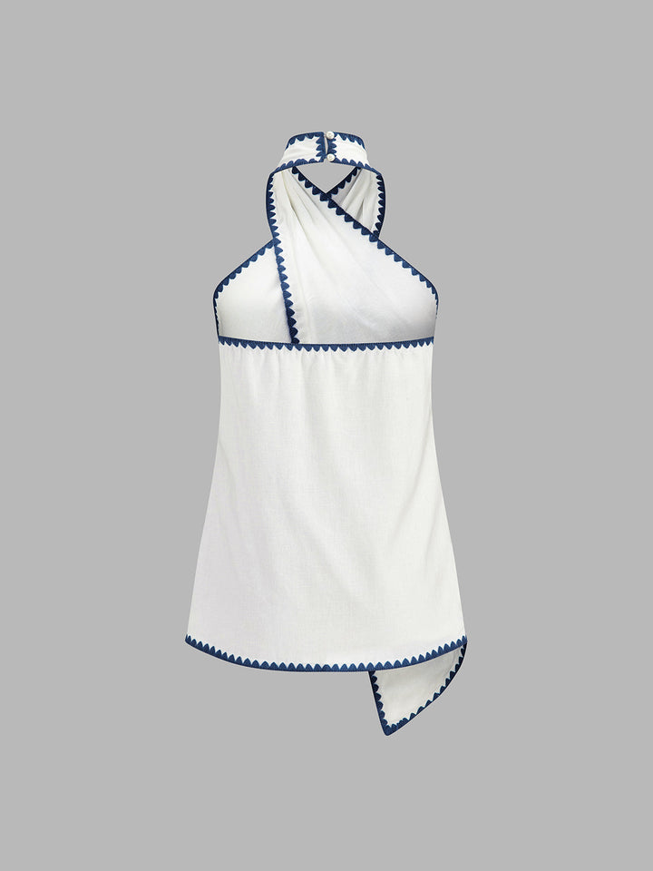Scallop Trim Linen Blend Two Piece Shorts Set