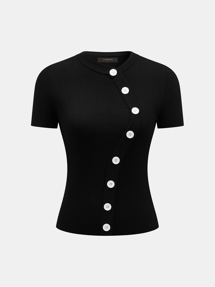 Diagonal Button Short Sleeve Knit Top