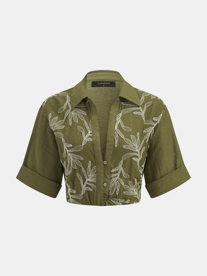 Cotton Linen Leaf Embroidered Shirt & Shorts Set