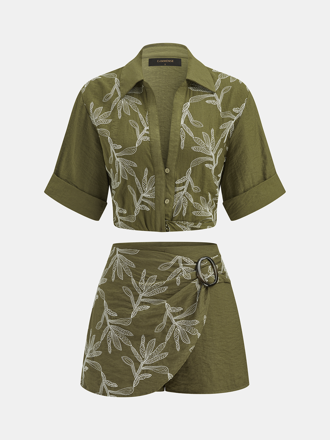 Cotton Linen Leaf Embroidered Shirt & Shorts Set