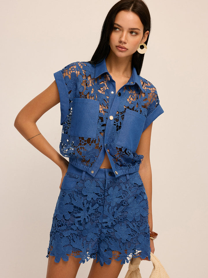 Guipure Lace Cropped Shirt & Shorts Set