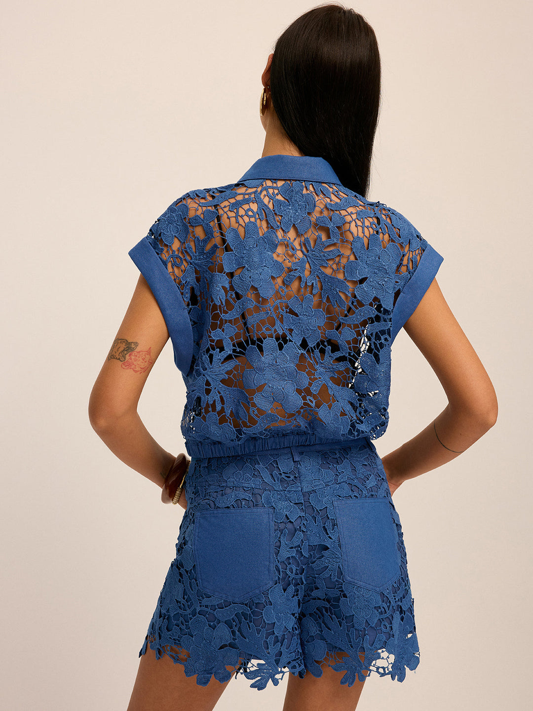 Guipure Lace Cropped Shirt & Shorts Set