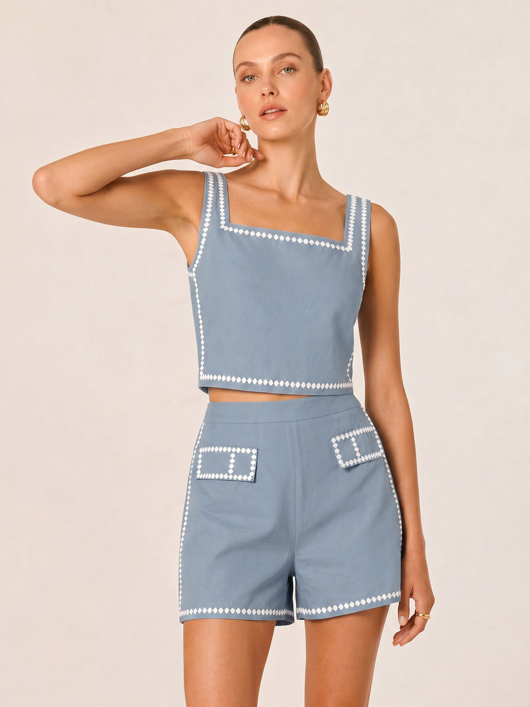 Square Neck Embroidered Top & Shorts Set