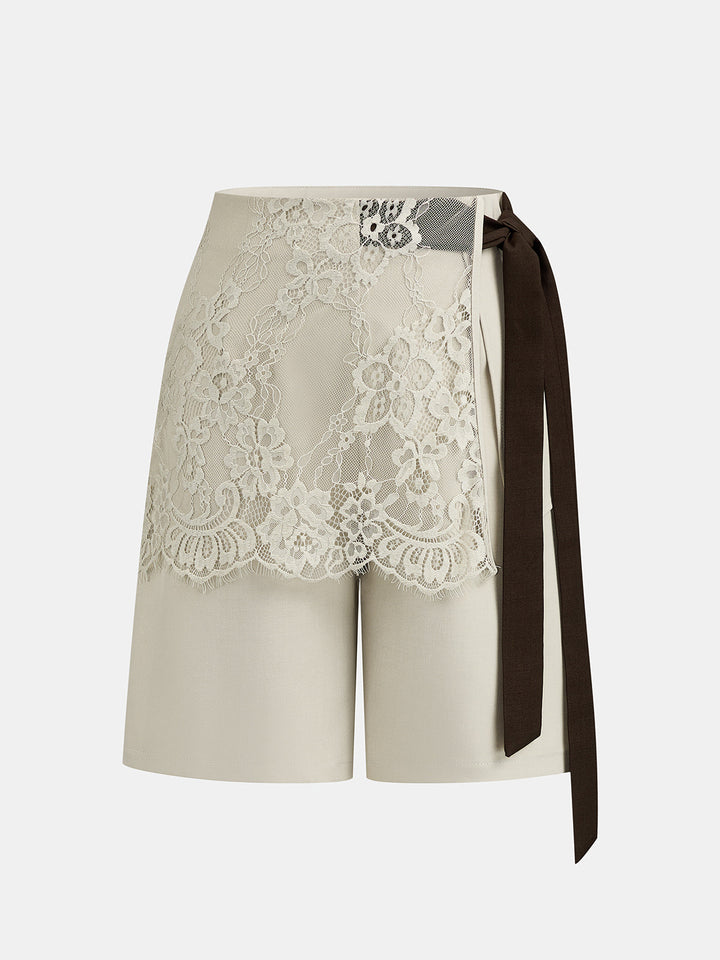 Lace Overlay Tie Waist Shorts