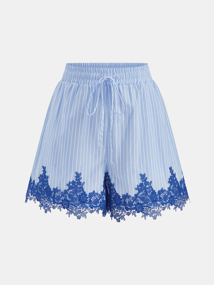 Lace Trim Striped Two Piece Shorts Set