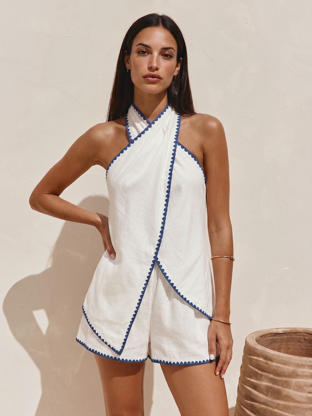 Scallop Trim Linen Blend Two Piece Shorts Set