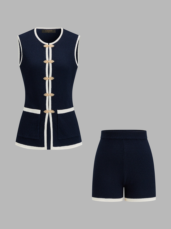 Contrast Trim Knit Two Piece Shorts Set
