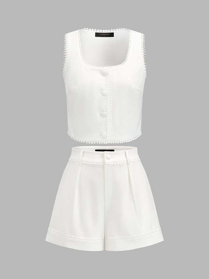 Lace Trim Square Neck Vest & Shorts Set