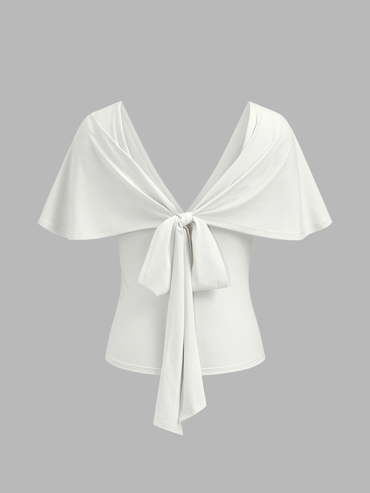V Neck Flutter Sleeve Tie-Back Top